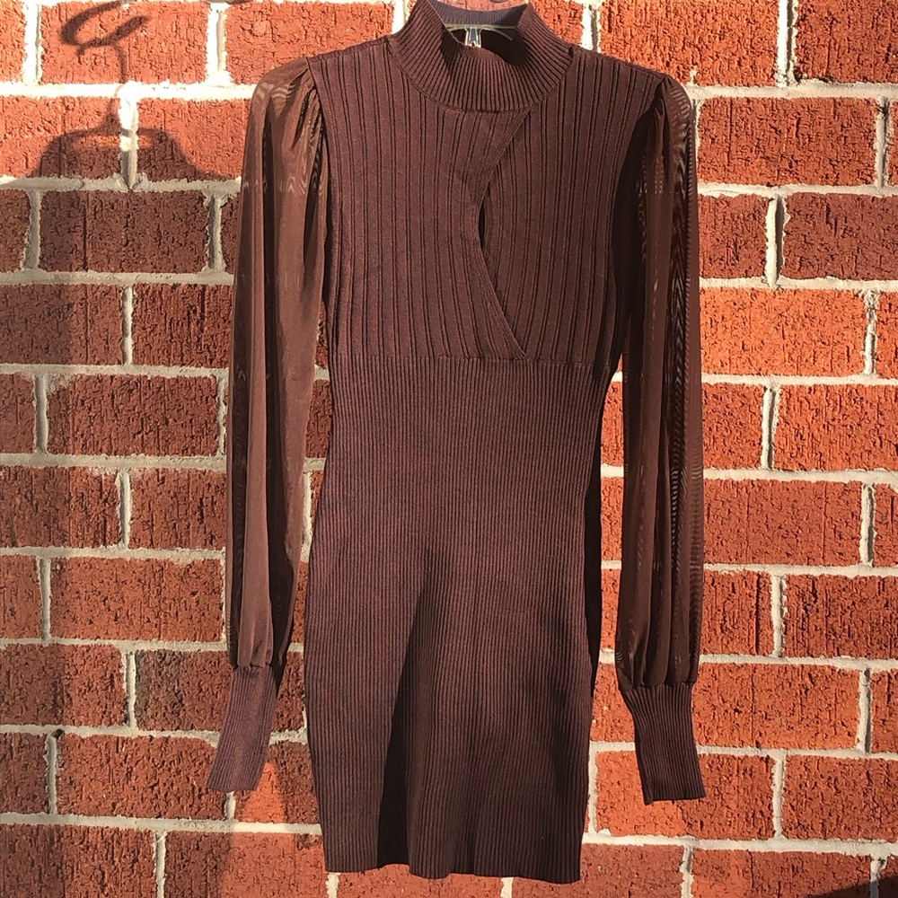 Almost Famous Ribbed Long-Sleeve Dress in Brown —#123
